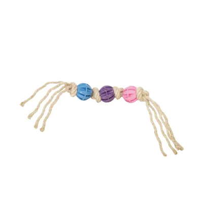 Hundespielzeug G-Rope Hanfseil mit 3 Bällen, Blau–Violett–Pink – Grossenbacher