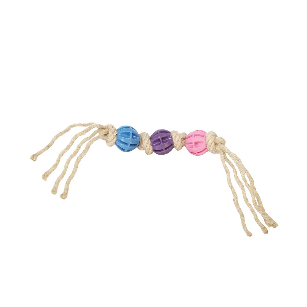 Hundespielzeug G-Rope Hanfseil mit 3 Bällen, Blau–Violett–Pink – Grossenbacher