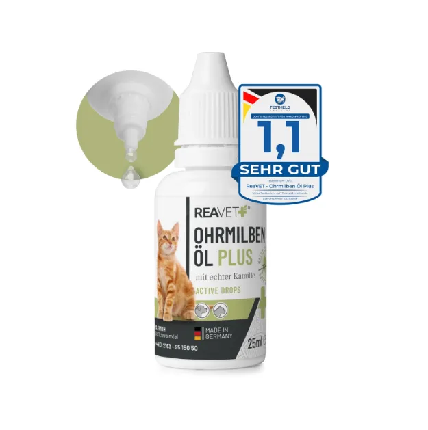 Ohrmilbenöl Plus Katzen – 50 ml – REAVET - Ohrenpflege mit Kamillenöl für Katzen bei Ohrmilben