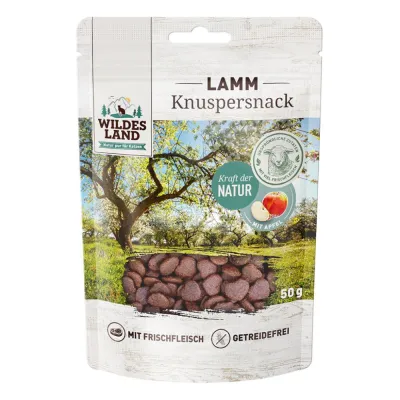 Wildes Land Knuspersnack Lamm mit Apfel 50 g – Knuspriger Katzensnack mit frischem Lamm