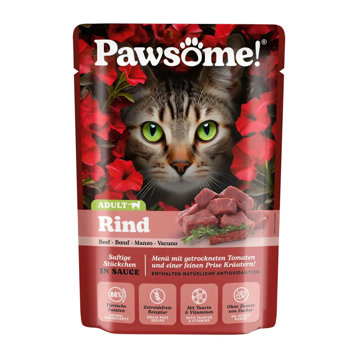 Katzen-Nassfutter Pawsome Adult Rind 85 g – Nassfutter mit Rind für ausgewachsene Katzen