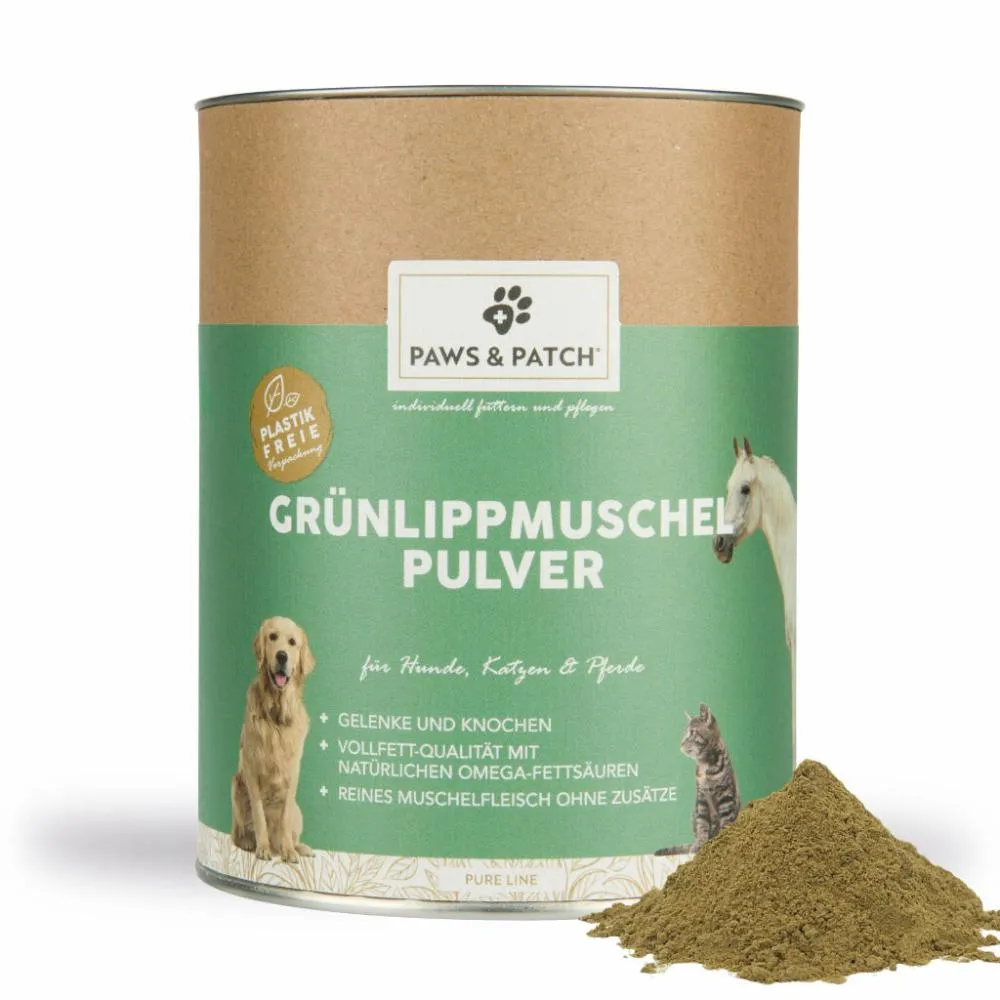 Ergänzungsfutter GRÜNLIPPMUSCHEL Pulver für Hunde, Katzen und Pferde Paws&Patch 500g – Paws & Patch