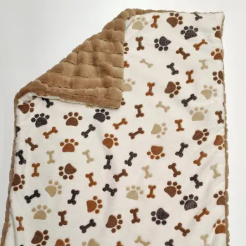Kuscheldecke 3-lagig, camel karo teddy, creme pfoten knochen brau, grau, 140x90cm