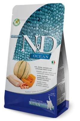N&D Ocean Feline Cod, Shrimp, Pumpkin & Cantaloupe Melon Kitten – 5 kg – Farmina - Trockenfutter für Kitten und trächtige oder säugende Katzen