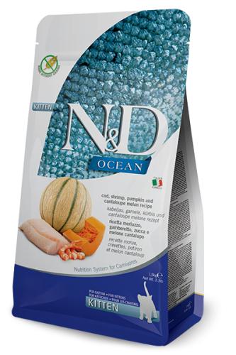 N&D Ocean Feline Cod, Shrimp, Pumpkin & Cantaloupe Melon Kitten – 5 kg – Farmina - Trockenfutter für Kitten und trächtige oder säugende Katzen