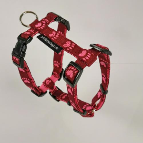 Geschirr S, 1.5cm, Hals 20-36cm, Bauch 30-48 Pfoten bordeaux