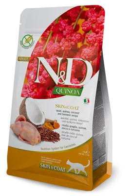 N&D Quinoa Feline Skin & Coat Quail – 1,5 kg – Farmina - Diät-Trockenfutter für ausgewachsene Katzen bei Futtermittelunverträglichkeiten