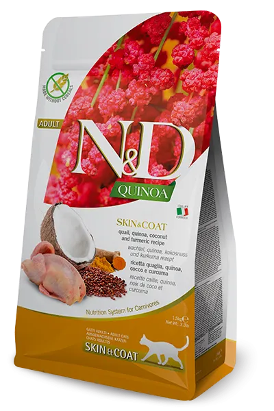 N&D Quinoa Feline Skin & Coat Quail – 1,5 kg – Farmina - Diät-Trockenfutter für ausgewachsene Katzen bei Futtermittelunverträglichkeiten