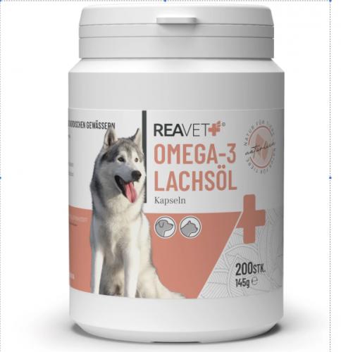 Omega-3 Lachsöl Kapseln – 200 Stück – REAVET - Ergänzungsfuttermittel mit Fischöl für Hunde und Katzen